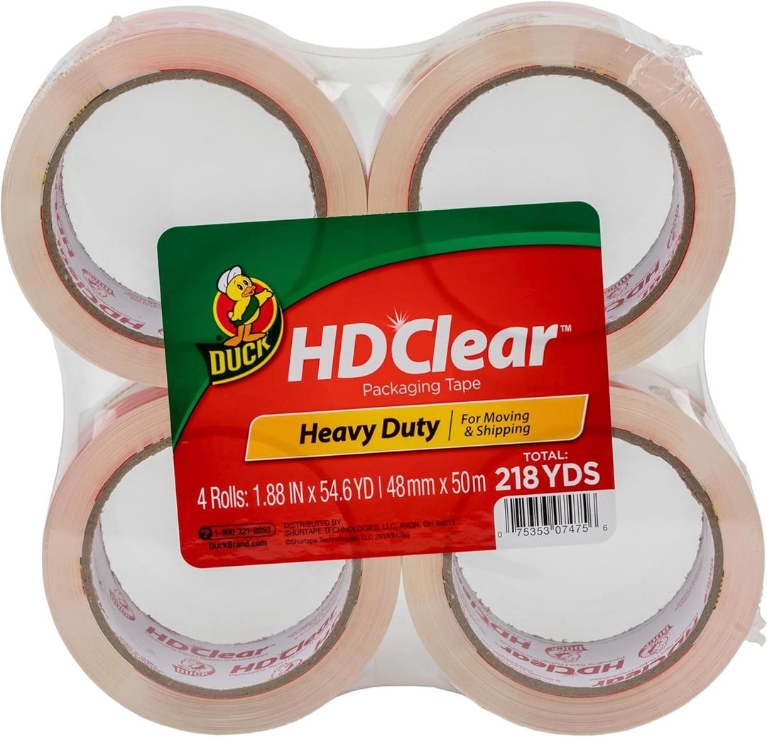 Duck HD Clear Packing Tape Refills - 4 Rolls of Strong Heavy Duty Packing Tape for Shipping and Moving, Boxes and Packaging - 1.88 In. x 54.6 Yards - 3" Core - Clear (240378)