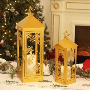 NEEDOMO Christmas Decorations Outdoor&Indoor, 17''/12'' Metal Candle Lantern Decor,Christmas Lanterns with Snowflakes Stars and LED Candle for Home Porch Patio Table Centerpieces, Xmas,No Glass (Gold)