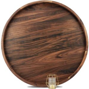 26 Inches Extra Large Round Black Walnut Wood Ottoman Tray with Handles, Serve Tea, Coffee, Classic Circular Wooden Decorative Serving Tray