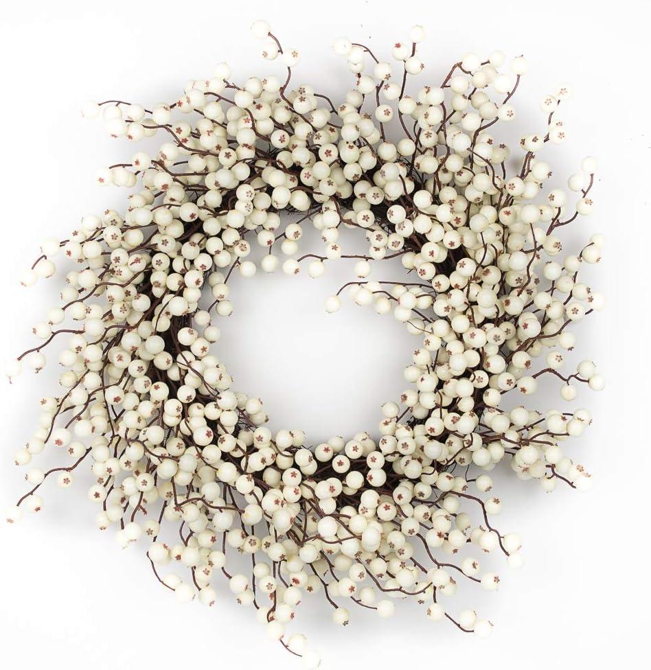 24" Berry Wreaths for Front Door - Water Resistant, Stunning Door Wreath on Grapevine (White Cream Berry)