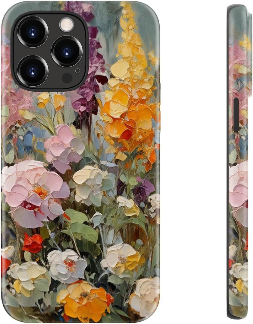 LUHOURI for iPhone 14 Pro Case,Wireless Charging Compatible,Dual-Layer - Soft Silicone Inner + Hard Outer Shell,Cute Wildflower Design,Protective Phone Cover for Women - Oil Painting Flowers