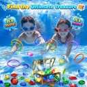 DISHIO Pool Diving Toys for Kids, Underwater Treasure Hunt Game with Pirate Chest, Diving Rings, 56PCS Gems, 40PCS Game Bingo Cards and Mesh Bag Swimming Pool Games Summer Toys for Boys Girls 4-12