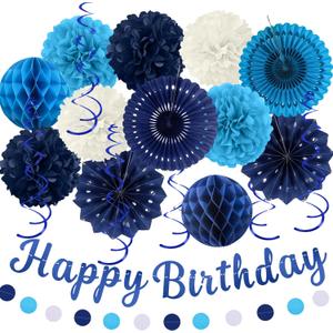Birthday Decorations, Navy Blue Party Decorations for Boys Men - 20pcs Paper Pompoms Fan, Streamers, Lanterns,Garland, Happy Birthday Banner for BDAY Party Backdrop Decor