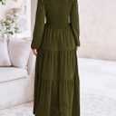 PRETTYGARDEN Fall Dresses for Women 2025 Casual Long Sleeve V Neck Smocked A Line Long Flowy Wedding Guest Dress (Black, XL)