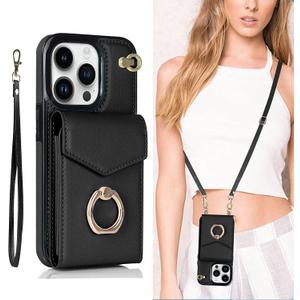 Crossbody Wallet Phone Case for Samsung Galaxy S21 Ultra Leather Case with Credit Card Holder & 360 Ring Kickstand & Wrist Strap Purse Cover Magnetic Closure Flip Handbag Shell (Black)
