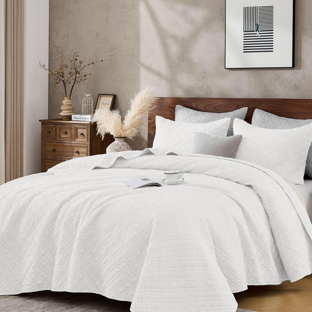 Queen Quilt Set with Shams Lightweight Quilted Bedspread Coverlet Thin Comforter Bed Cover Vintage Washed Quilted Blanket for All Season, Brushed Microfiber Diamond Stitching, White, 88"x92"