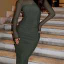 REORIA Women's Summer Mesh Sheer Short Sleeve Midi Ruched Bodycon Dress Mock Neck Elegant Evening Party Cocktail Dresses (Green, L)