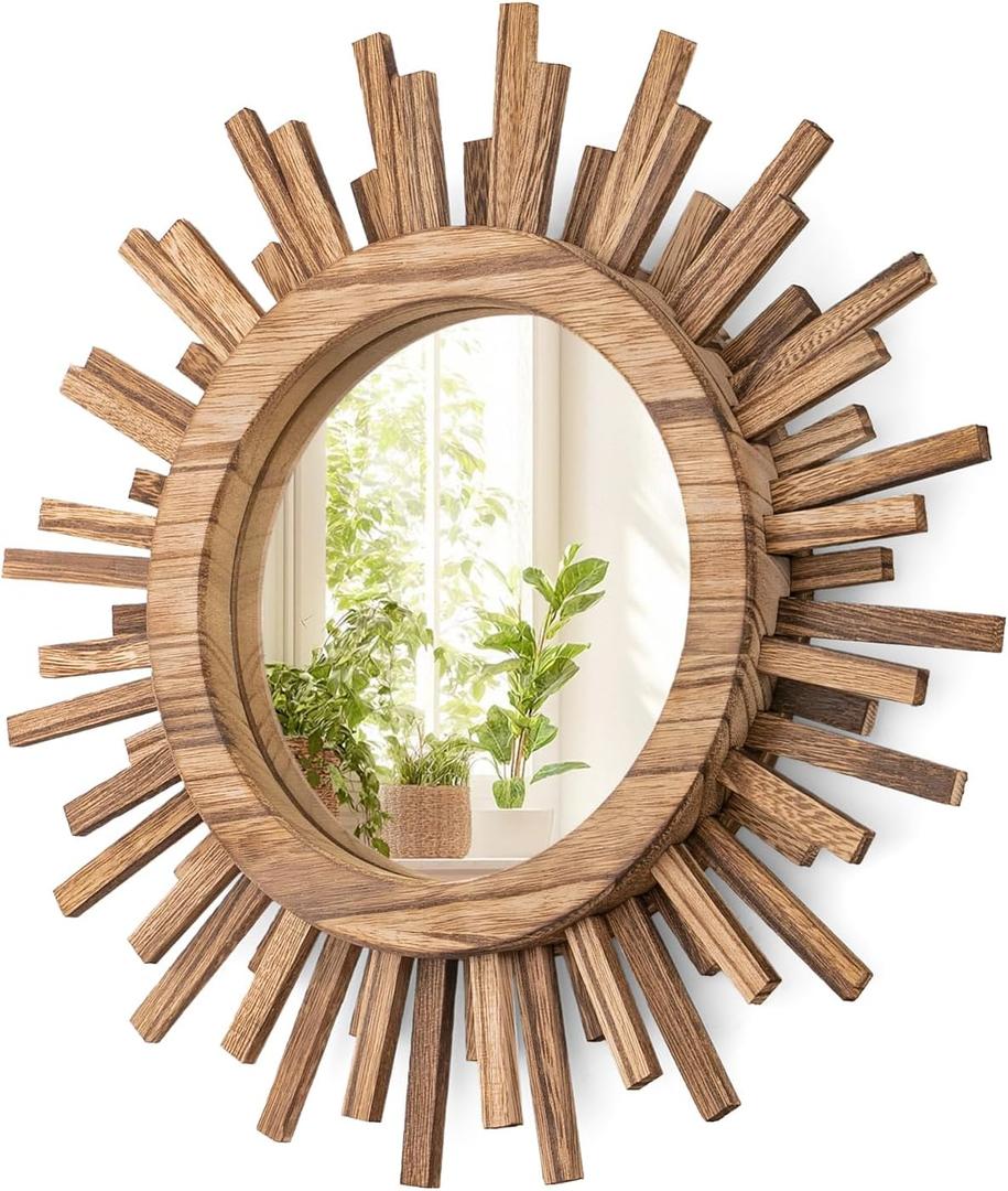 12 Inch Boho Sunburst Mirror, Round Wooden Wall Decor Starburst Sun Mirror for Bedroom, Living Room, Bathroom, Hallway, Balcony, Farmhouse Entryway, Housewarming Gift