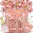 Ouddy Life 21st Birthday Decorations for Her - Rose Gold Party Supplies for Women Girls, Pink Happy Banner, Fringe Curtain, Butterfly Balloons