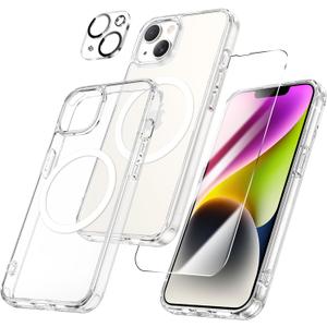 Maxdara for iPhone 14 Magnetic Case, [3 in 1] with Front Tempered Glass Screen Protector & Camera Lens Protector [Compatible with MagSafe] Slim Shockproof Cover for iPhone 14 (Magnetic Clear)
