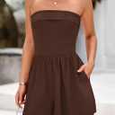 KIRUNDO Summer Rompers For Women 2025 Casual One Piece Strapless Tube Top Sleeveless Skort Short Jumpsuit Beach Vacation (Brown, S)