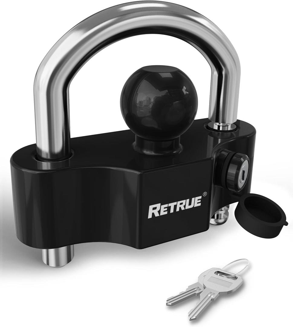 RETRUE Universal Coupler Lock Trailer Locks Ball Hitch Trailer Hitch Lock Adjustable Security Heavy-Duty Steel Fits 1-7/8 Inch, 2 Inch, 2-5/16 Inch Couplers Black & Silver