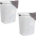 Mind Reader 50L Slim Laundry Hamper, Clothes Basket, Lid, Wicker Design, Plastic, 17.65"L x 13.75"W x 21"H, Set of 2, White