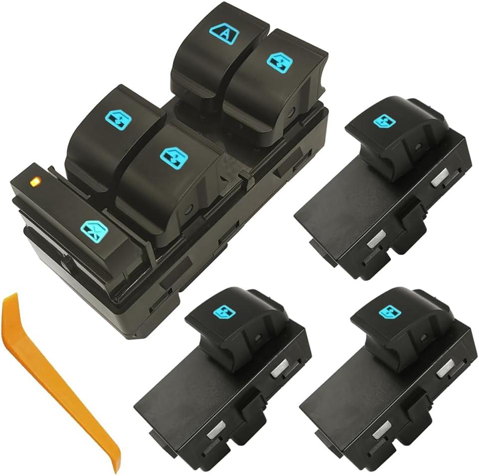 20945129 Front Left Driver Side Master Window Switch & 3Pcs Passenger Window Switch Compatible with 2007-2013 Chevy Silverado 1500/2500 HD/3500 HD/GMC Sierra/Yukon/Buick,for 08-11 Chevy HHR Blue Light (Master Switch & 3 Pcs Passenger Switch)