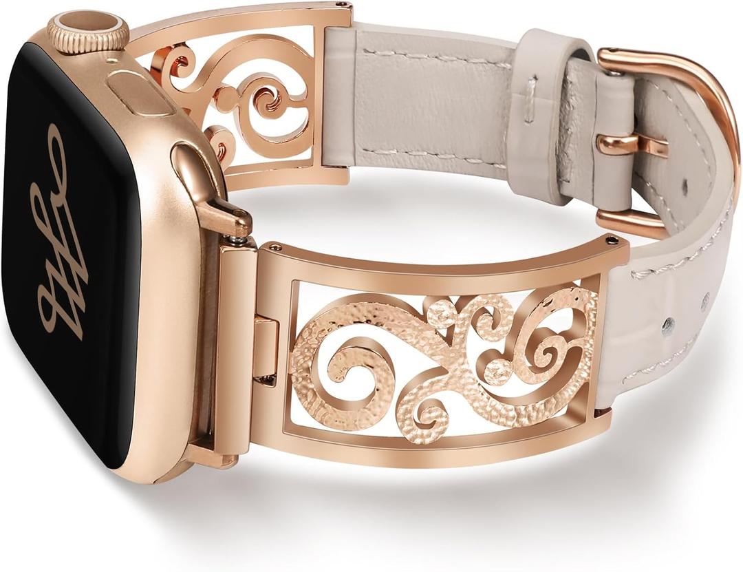 Wearlizer Slim Leather Band Compatible with Apple Watch Bands Women 41/40/38/42/44/45/46/49mm, Dressy Fancy Thin Designer Vintage Filigree Leather Strap for iWatch Series 10 9 Ultra SE 8 7 6 5 4 3 2 1 (Starlight/Rose Gold)