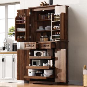 71" Kitchen Pantry Cabinet, Freestanding Storage Cabinet, Brown
MDF, Farmhouse, Embossed Texture Finish, 3 Pull-out Organizers, 6 Door Shelves, 2 Drawers, Adjustable Shelves