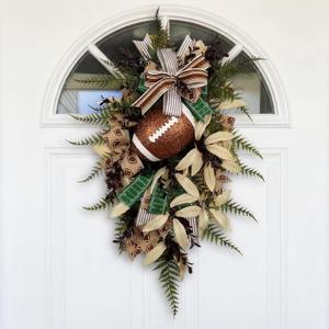18 Inch Football Teardrop Swag Decoration Hanging Tear Drop Swags Wreath for Front Door Vintage Sport Sign with Ribbon Football Party Favors Decorations for Game Day Sport Theme Door