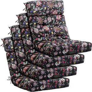 Barydat 4 Pcs Tufted High Back Chair Cushion Indoor Outdoor Seat and Back Cushions Palm Leaves Tropical Plants Lawn Rocking Chair Pads with Ties for Adirondack Patio Garden(Black Flower), 43.4 X 21 X 3.3 Inches