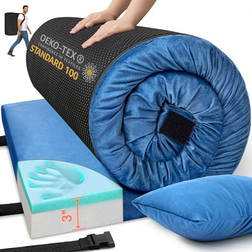 Airpanda Memory Foam Camping Mattress Sleeping Pad, Waterproof Portable Roll Up Sleeping Mats & Floor Mattress Pad with Pillow + Travel Bag for Camping Car Truck Tent Sleepover Kids Adult, 9.84x9.45x15.74 Inches
