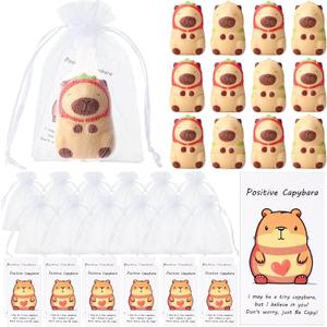 RoundFunny 12 Set Capybara Party Favors Positive Capybara Squeeze Stress Balls with Cards & Bags Mini Animal Stress Relief Toy Bulk for Employee Appreciation Gifts Adult Kid Birthday Decor (Classic)