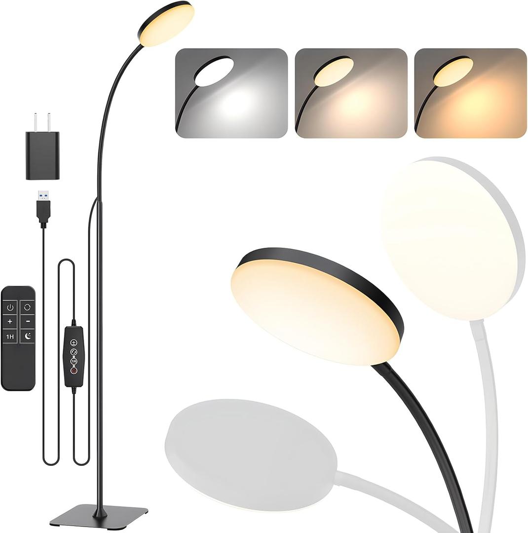 168 LED Floor Lamp with Remote Control, 2-in-1 Convertible Floor/Desk Lamp, 360 Adjustable Gooseneck, [3 Color Temperatures & 10 Brightness Levels], 10W USB Powered, Memory Function (Black with Remote)