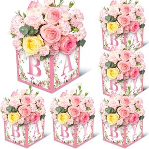 6 Pack 7x7x7 Inches Pink Floral Baby Shower Centerpiece Boxes with 'BABY' Letters, Perfect for Girl Baby Shower, Gender Reveal Party Favors, Flower Arrangements, and Table Decorations