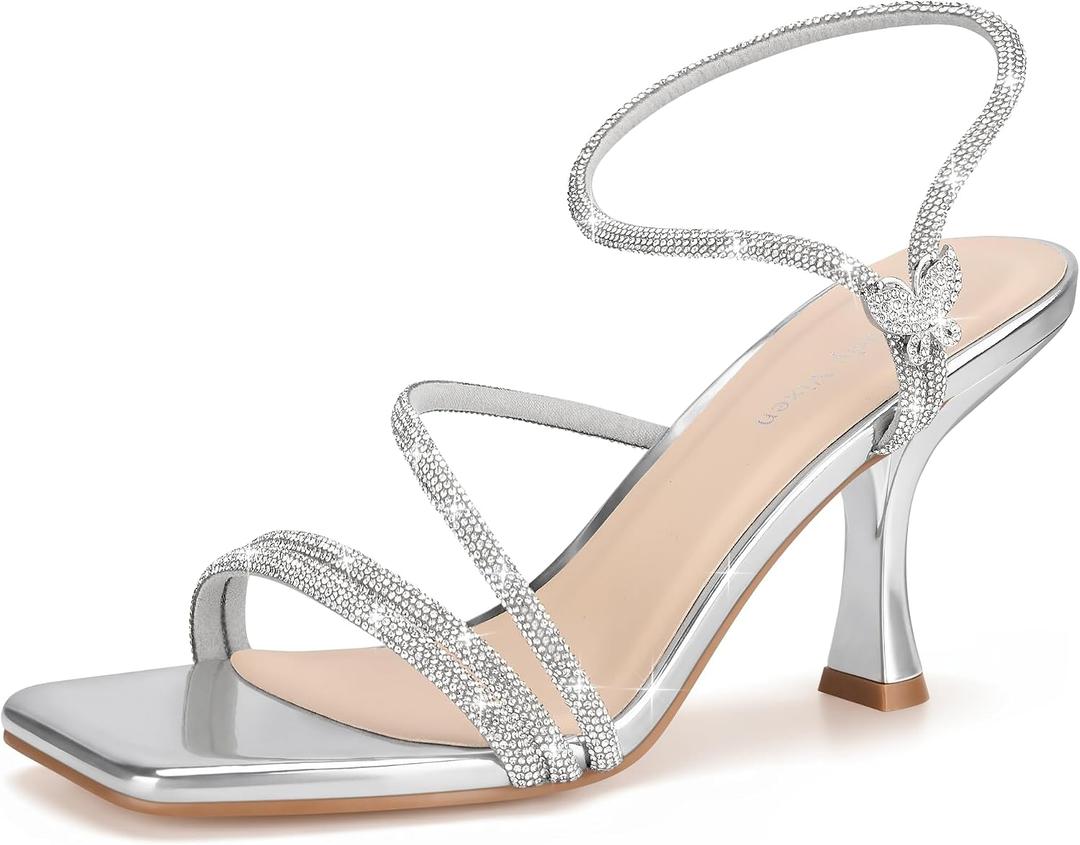 Women's Strappy Kitten Heels Square Open Toe Sandals Party Wedding Ankle Strap Shoes (Gray), Size 7.5