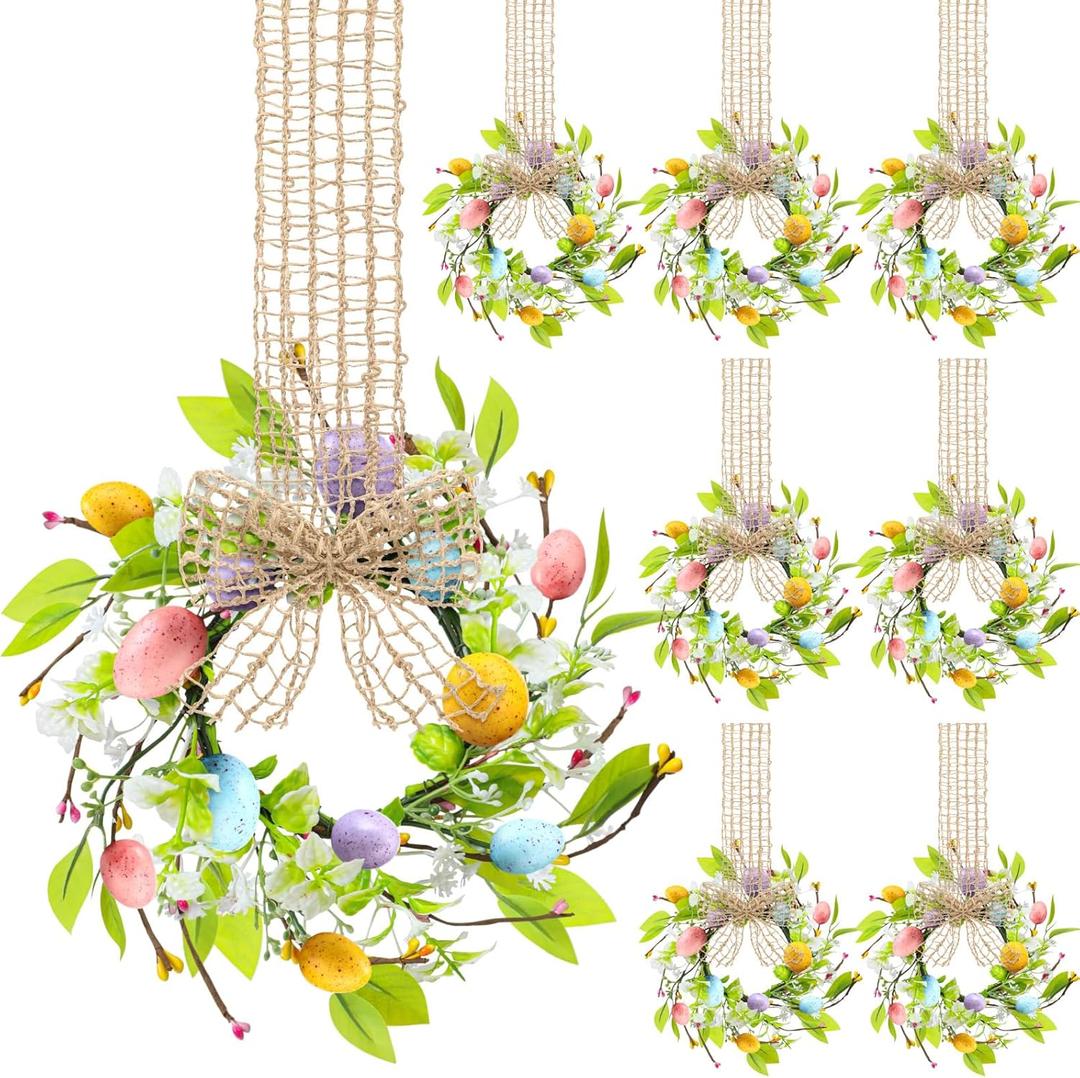 Dingion 8 Pcs 8" Small Easter Wreaths for Kitchen Cabinet Mini Spring Artificial Easter Egg Wreath with Ribbon Bow for Window Front Door Table Centerpiece Farmhouse Decor