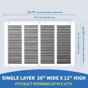20x12 Return Air Grille (Duct Opening Size), Air Return Vent Cover, AC Vent Cover, Cold Air Return Vent Cover, Flat Return Air Grilles, Outer Dimensions:21.75"W x 13.75"H (20"W x 12"H, Duct Opening)