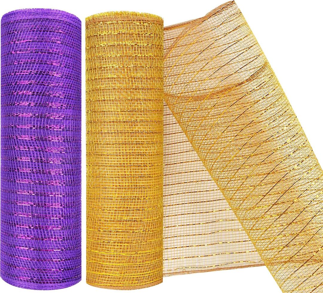 MIKIMIQI 2 Pack Deco Mesh 10 Inch x 30 Feet Decor Mesh Ribbon with Metallic Foil Deco Mesh Wreath Supplies Ribbon Mesh Roll for Spring Wreaths Craft Party, Not Wired (Gold Purple)