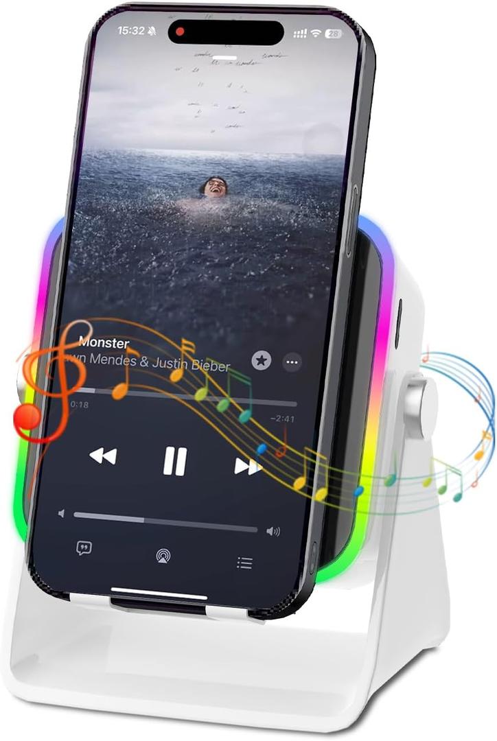 Wireless Induction Speaker 5-in-1 Bluetooth Speaker with Phone Holder, Surround Sound, 3500mAh, 8 RGB Ambient Lights, 360 Adjustable Stand, Holder for iPhone/Android/iPad Gifts for Men Women (White)