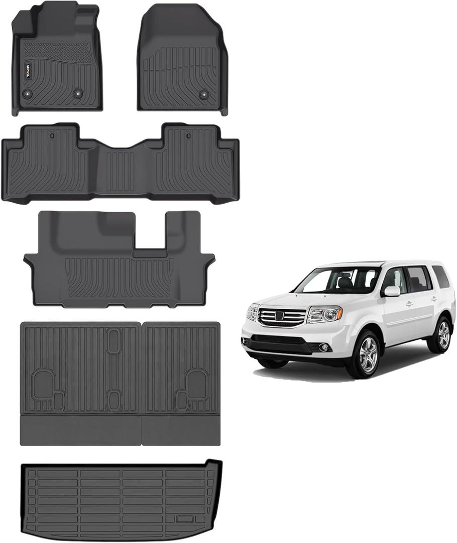 AIPOIL Floor Mats & Cargo Liner Set for 2009-2015 Honda Pilot All Weather Protection TPE Anti-Slip Automotive Full Set Custom Car Mats Accessories - Black