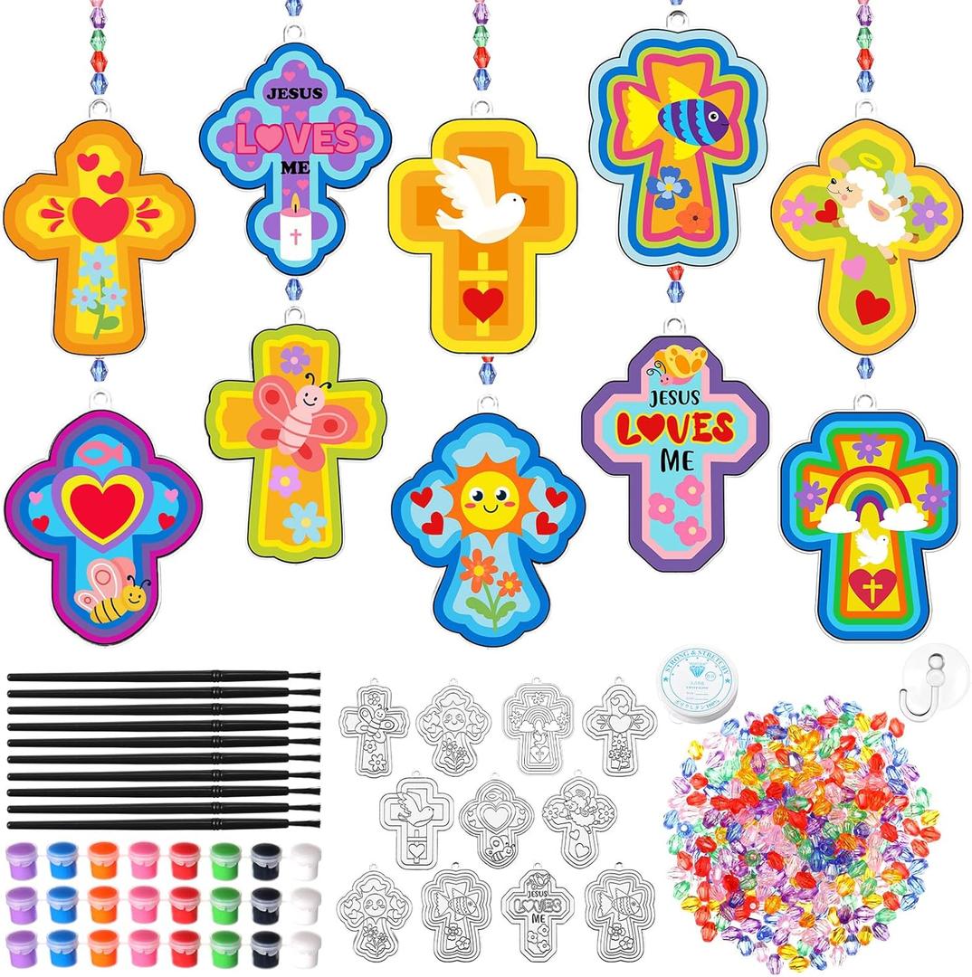 30 Set Cross Suncatchers Craft Kit Religious DIY Suncatchers Make Your Own Christian Cross Paint Sun Catchers Ornaments for Religious Sunday Vbs Craft Activities