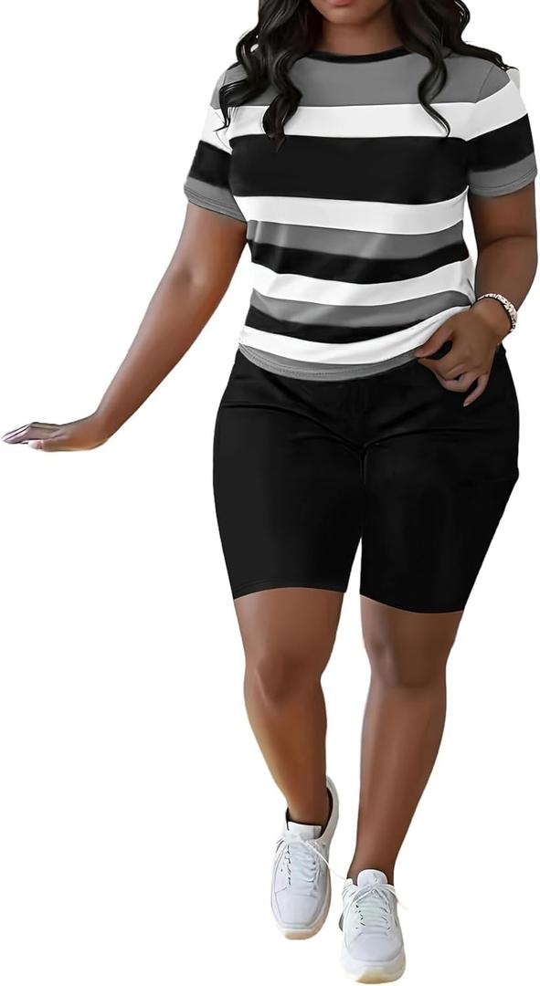 HBQ Women Two Piece Outfits Summer Sweatsuits Bodycon Track Suits Biker Short Workout Jogger Sets Stripe (XX-Large)