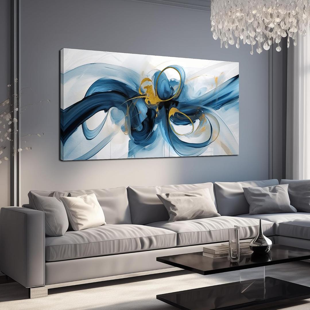 Large Wall Art Blue Abstract Canvas Wall Art Pictures for Living Room Office Wall Decor Decorative Canvas Painting Modern Framed Wall Art Artwork for Wall Print Ready to Hang Size 29x58 Inch