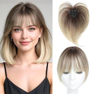 Hair Topper with Bangs Clip, 360 3D Cover Hair Toppers for Women with Thinning Hairs, 10 Inch Straight Clip in Bangs Hairs Piece for Women Daily Wear (RT6/27/613#-Ombre Light Brown to Blonde)