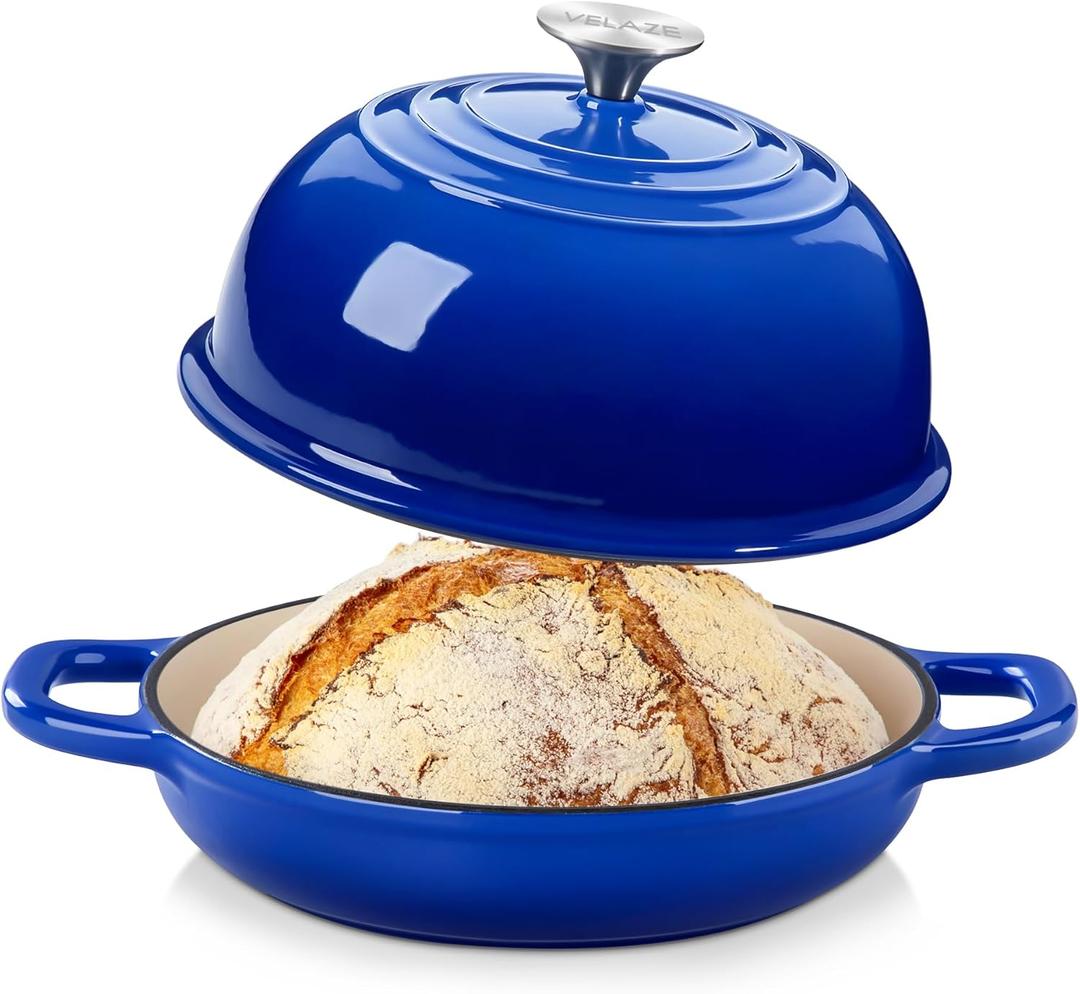 Velaze Enameled Cast Iron Dutch Oven for Bread Baking,5 QT Round Bread Oven Pot with Dome Lid for Sourdough, Roasting,Braising(Blue)