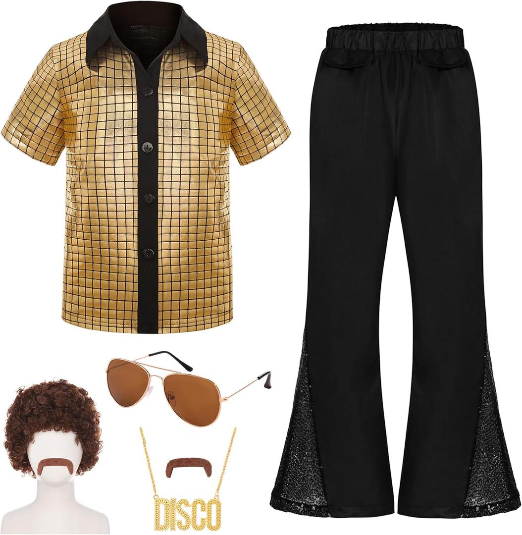 Kids Disco Costume Sequins Shirts for Boys 6PCS Kids 60s 70s Disco Costume for Halloween Party Dress Up (10-12 Years, Gold)