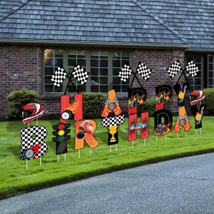 18 Pcs Happy Birthday Yard Signs with Stakes, 16 Inches Birthday Party Decorations for Boys Girls, Colorful Outdoor Lawn Patio Garden Signs Decorations for Birthday Party(Race Car)