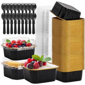 60 Pack 5 OZ Mini Cake Pans with Lids, 3.5x3.5 Inch Mini Cake Tins, Aluminum Foil Square Baking Cups Disposable Cake Containers for Party, Wedding, Birthdays, Black and Gold