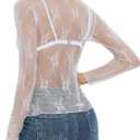MEROKEETY Womens Mesh Sheer Lace Long Sleeve Tops 2026 See Through Mock Neck Shirt Fashion Blouses Date Night Outfit Clothes (White, S)