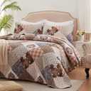 Full/Queen Size Quilt Set 3 Pieces Lightweight Reversible Bedspread-90''x98'' Soft Patchwork Floral Coverlet Luxurious Warm Microfiber Bed Cover All Seasons Brown Bedding Set(1 Quilt,2 Pillow Shams)
