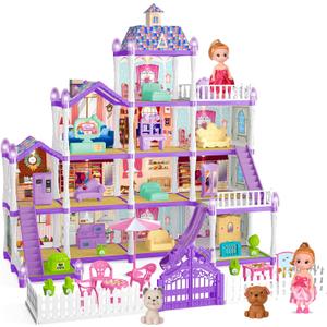 OCTERIC Doll House for Girls ,13 Rooms Doll House with 2 Dolls, Lights, Puppies ,Furnitures, Accessories, Toddler Playhouse Gift for for 3 4 5 6 7 8 9 10 Year Old Girls Toys (Purple)