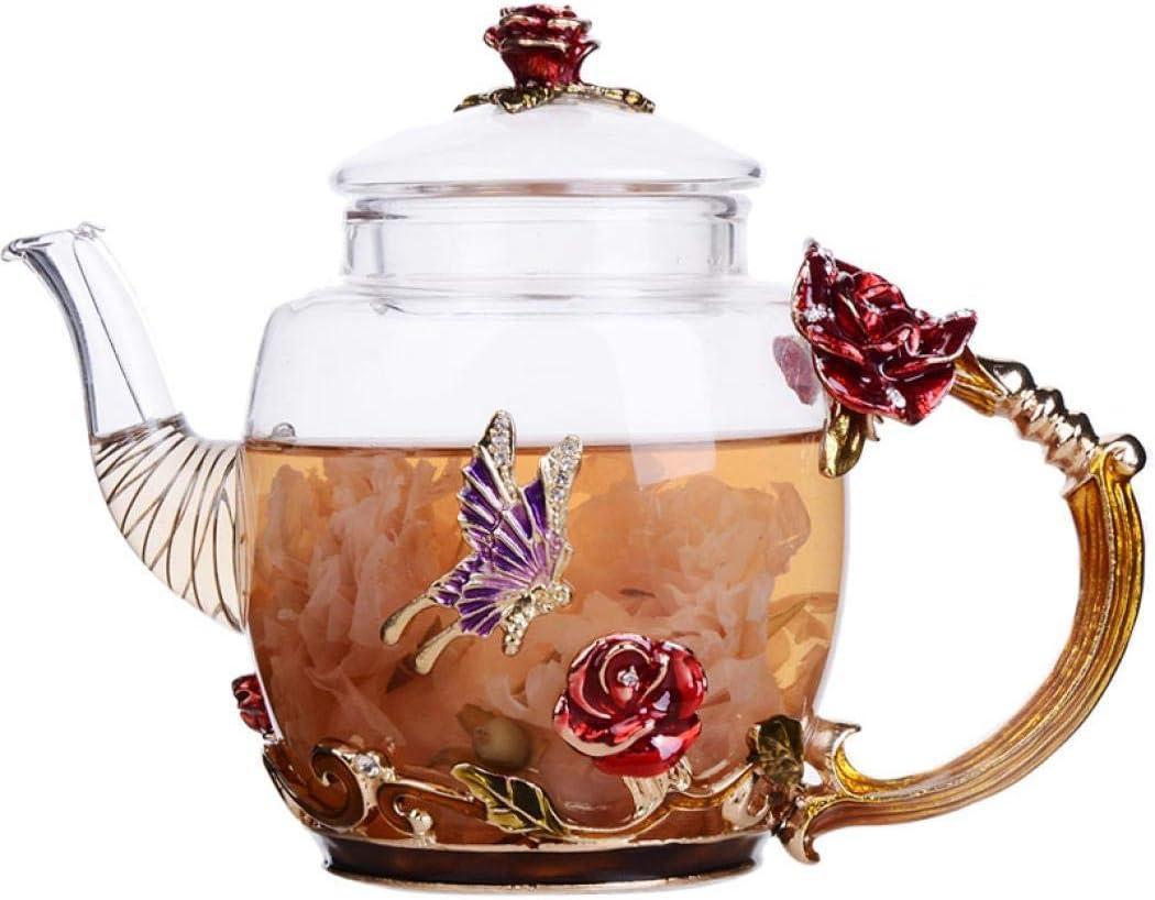 XUDREZ Glass Blooming Tea Teapot for Women - Red Rose Floral with Gold, 10.15oz/300ml