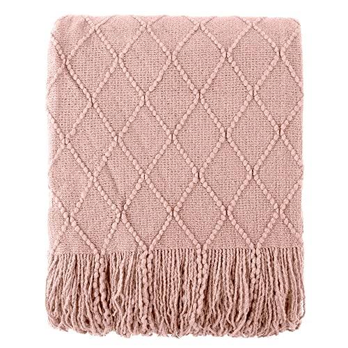 BATTILO HOME Blush Throw Blanket with Tassels, Pink Knit Blanket for Home Decor, Boho Style Textured Knitted Decorative Blanket for Couch, Sofa &Bed, 50"x60"