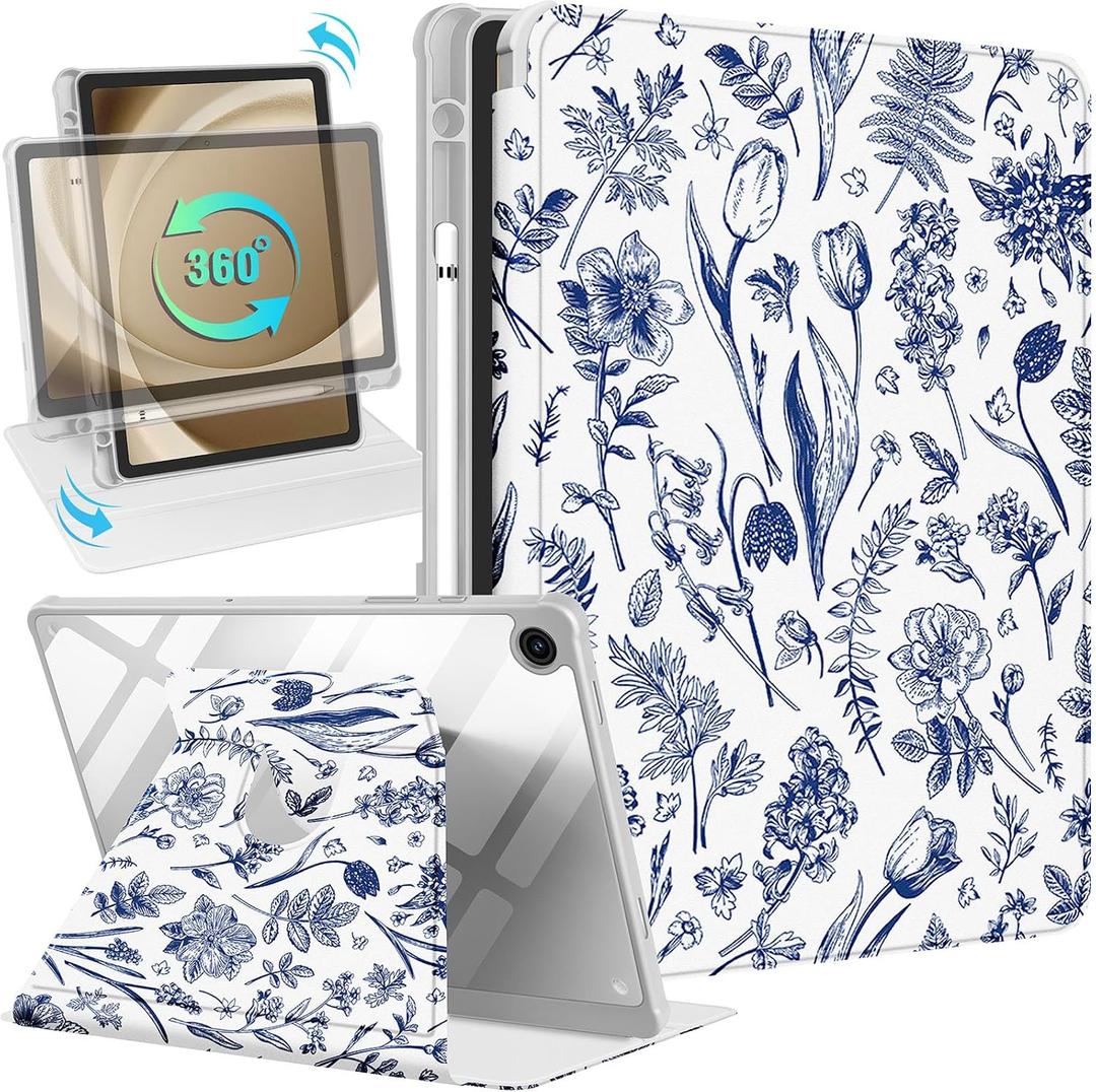 Kidcube for Samsung Galaxy Tab A9 Plus Case 11 Inch for Women Girls Cute Folio Cover with Pencil Holder Floral Flower Pretty Girly Design Rotating Stand for Tab A9+ Plus Tablet Case SM-X210/X216/X218