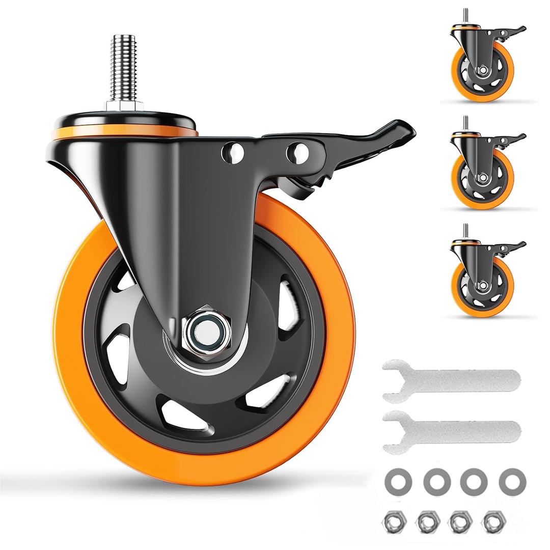 3 Inch Caster Wheels 1600Lbs, Threaded Stem Casters Set of 4 Heavy Duty, 1/2"-13 x 1 (Screw Diameter 1/2", Stem Length 1"), Safety Dual Locking Industrial Castors, Wheels for Cart, Furniture