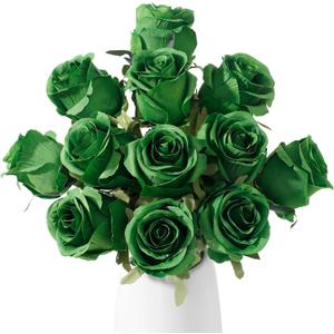 12pcs Green Roses Artificial Flowers, Realistic Silk Velvet Fake Flowers with Long Stems for Valentines Day Wedding Bouquets Home Decoration Party & DIY Floral Arrangements (Green)
