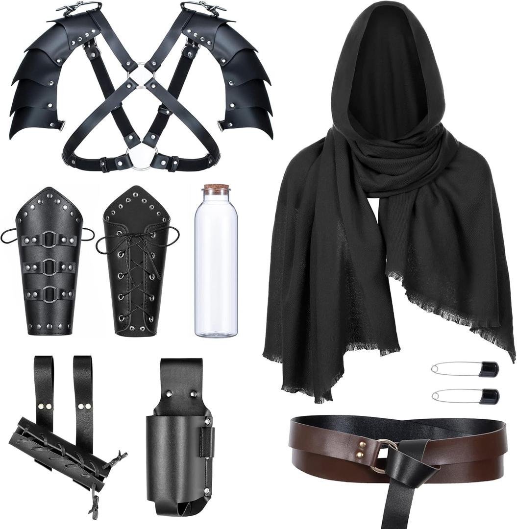 Medieval Knight Leather Belt Shawl Men Renaissance Half Shoulder Cape Scarf Buckle Bracers Retro Magic Cork Potion Bottle Sword Frog Accessories(Type8)