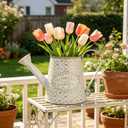 Vintage White Metal Flower & Garden Watering Can, Rustic Farmhouse Decorative Watering Pot Planter for Home Patio Backyard Outdoor Plant Care